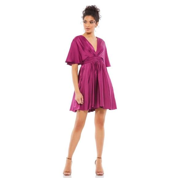 Mac Duggal Satin Flowy Cape Sleeve Mini Dress 6 Berry NWT - Picture 1 of 13
